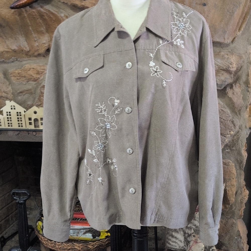 Alfred Dunner Taupe Floral Embroidered Jacket Size 18p